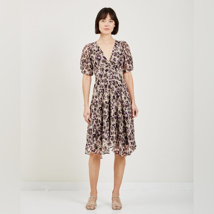Nwot Masscob Atares Silk Dress Short Sleeve In Floral Burgundy Print